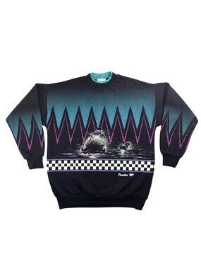 Vintage Artisans Sweatshirt Mens XL Black Water Ski Graphic Fleece USA 90s AOP